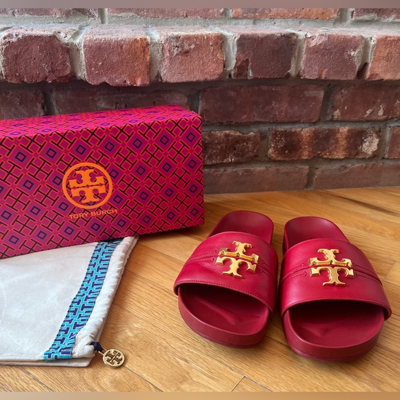 Tory Burch Shoes - Tory Burch Red Leather Everly Anatomic Cloud Slide Sandals